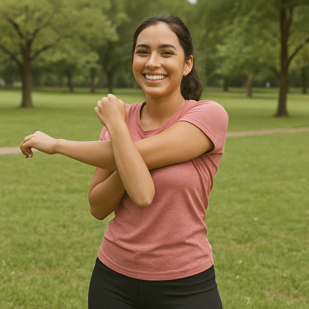 A woman smiling and stretching at the park wearing affordable athletic wear