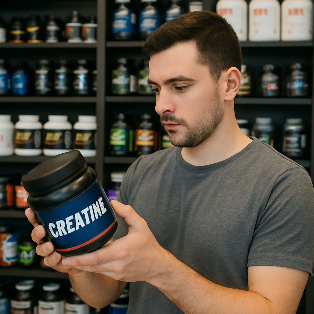 A man reading the label of a creatine supplement jar in a nutrition store