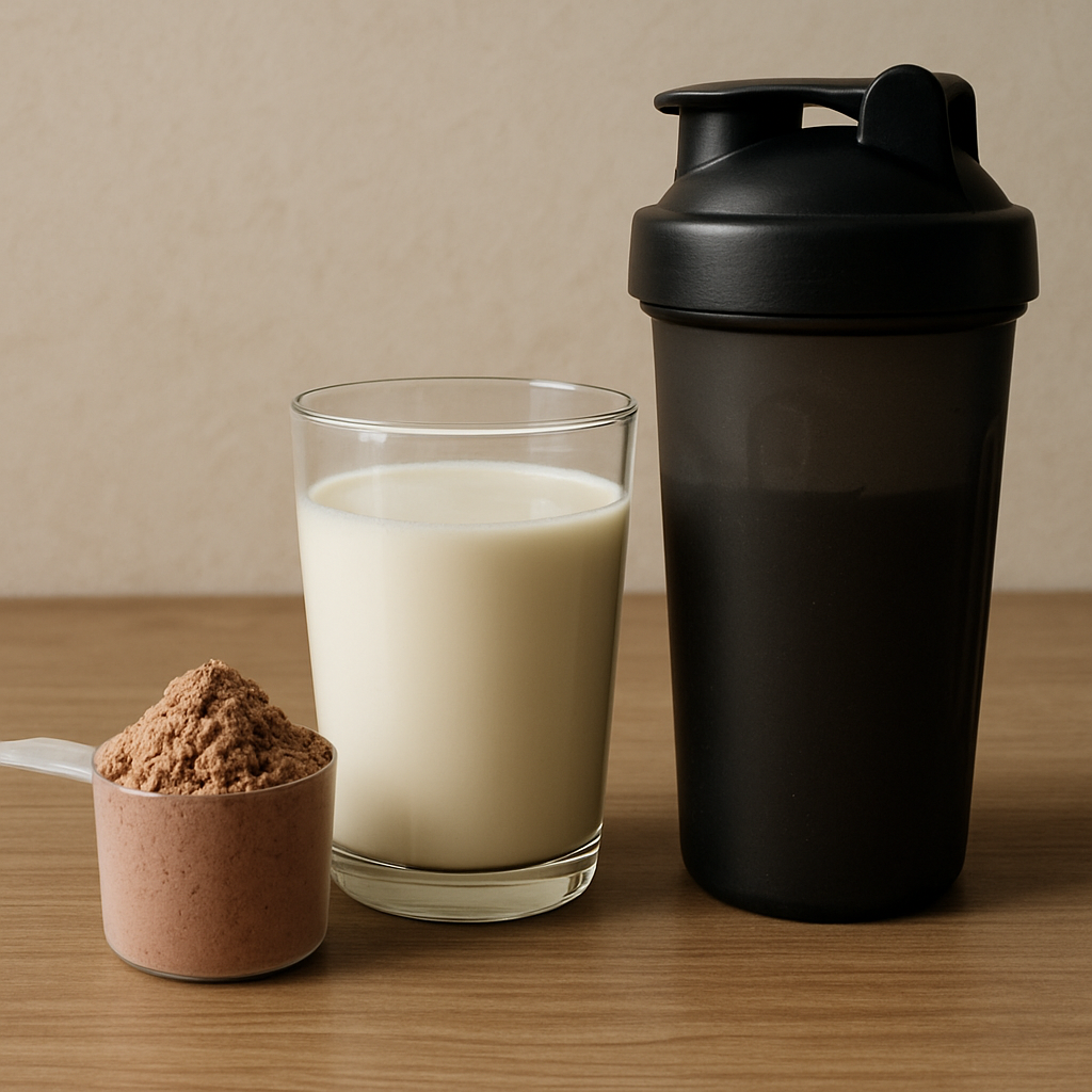 Scoop of rich whey protein powder next to a glass of milk and a shaker bottle