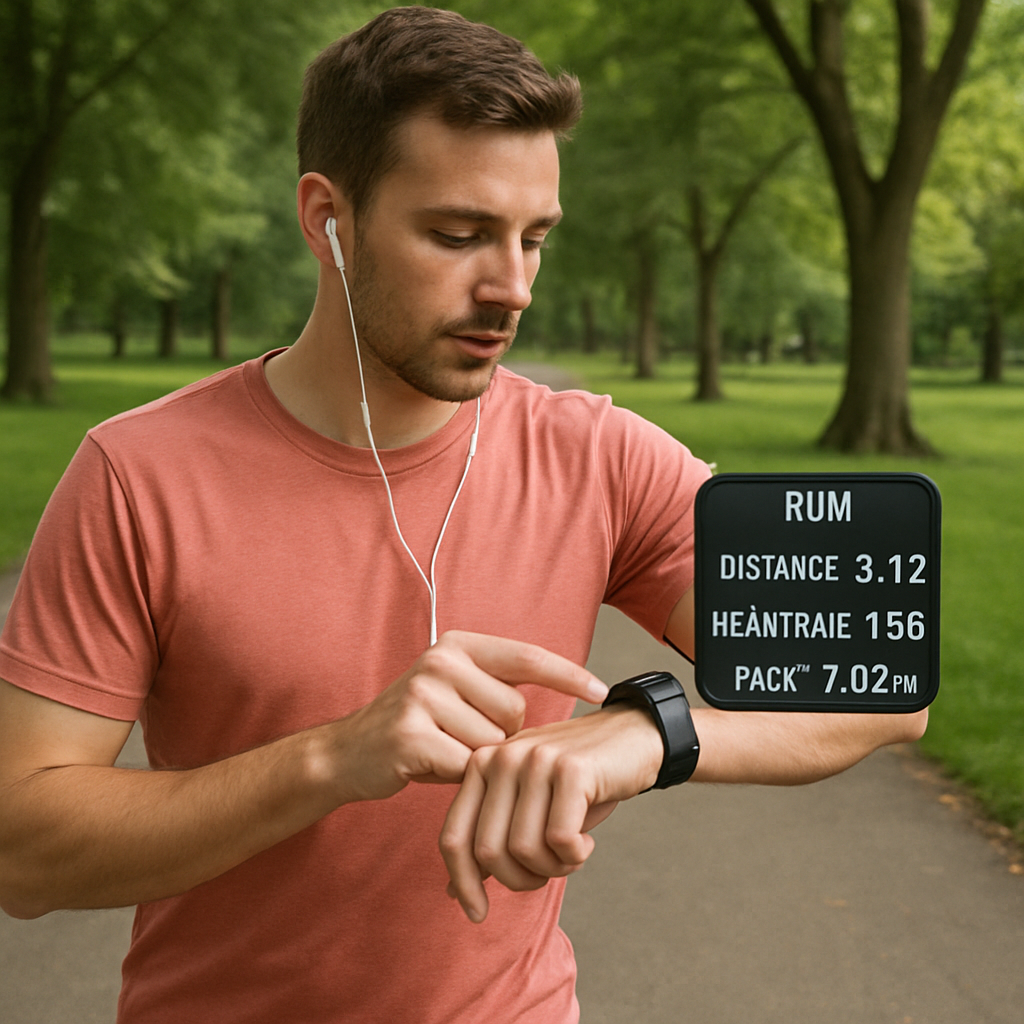 A person jogging in a park while checking their smartwatch fitness data in English